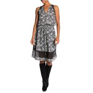 Ramy Brook Midi Tiered Quin Sleeveless printed black Mesh white Dress XS new